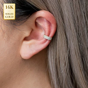 14K REAL Solid Gold Cubic Zirconia Wide Bold Ear Cuff Ring No Piercing Ear Cuff - Picture 1 of 7