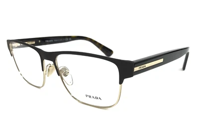 Prada Eyeglasses Frames VPR57Z 01U-1O1 Black Gold Rectangle Full Rim 56-17-145 - Image 1 of 4