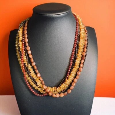 Multistrand Beaded Necklace Boho Earth Tone Layered Natural Stone Seed Beads - Image 1 of 4