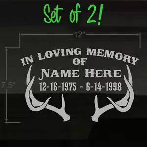 In Loving Memory Set of 2 Hunting Buck Deer Antler 12x7" SILVER Decal Stickers - Picture 1 of 1