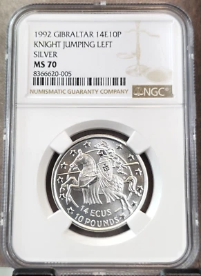 1992 GIBRALTAR SILVER 10 POUNDS MEDIEVAL KNIGHT JUMPING LEFT NGC MS 70 POP 1 - Image 1 of 3