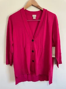 Chico's Cardigan Pink Raspberry Sweater Three Button Front 3/4 Sleeve NEW - Picture 1 of 2