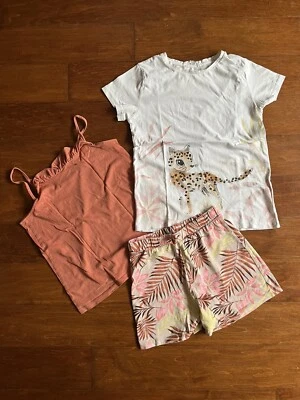 LN 3 piezas Niñas H&M Blanco Leopardo Safari Set: Camisa, Tanque y Pantalones Cortos Talla: 8-10 Foto 1 de 4