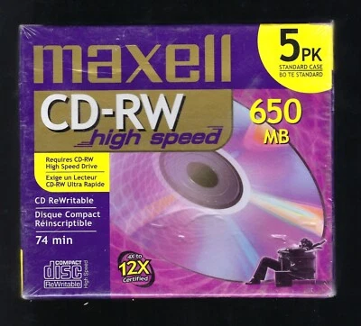 Factory Sealed 5pack Maxwell CD-RW High Speed 74 minute 650MB rewritable CD disc - Image 1 of 3