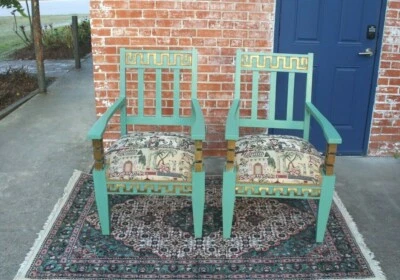 Set of 2 Vintage Greek Key Armchairs w/ Tapestry Seats & Painted Frames - Image 1 of 4