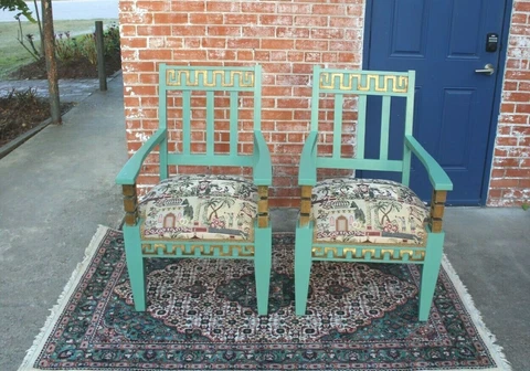 Hollywood Regency Painted Blue Green Pair of 2 Armchairs Set with Gold Finishing Cover