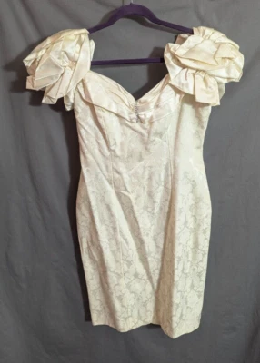 Vtg 80s ZUM ZUM Cream Damask Mini Formal Satin Ruffle Dress Size 13/14 K1 - Image 1 of 4