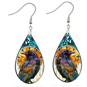 Teal Raven Earrings NO TARNISHING Black Bird Crow Faux Stained Glass Teardrop - Picture 1 of 6