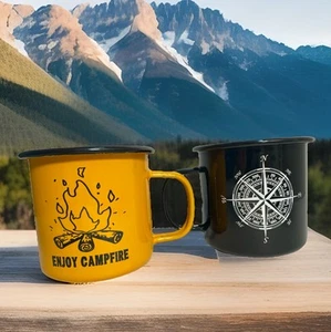 Enamel Tin Camping Cups Coffee 2 Mug Set Enjoy Campfire Compass Enamelware - Picture 1 of 13