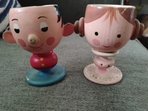 Vintage Anthropomorphic Kitsch Egg Cups | Wooden Boy & Girl Hand Painted Egg Cup - Bild 1 von 7