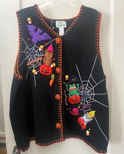 The Quaker Factory Halloween Vest Black Knit Bat Owl Candy Corn Unique SZ 3X EUC - Picture 1 of 6