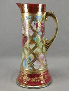IE&O Nippon Hand Painted Pink Roses Cranberry & Gold Beaded Pitcher C.1885-1925 - Picture 1 of 13