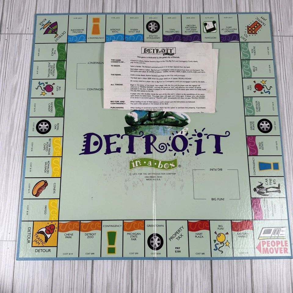 BOARD INSTRUCTIONS- VTG DETROIT in a Box Game Replacement Parts Monopoly Style - Image 1 of 1