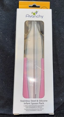 Juego de cucharas para bebé Avanchy de acero inoxidable y silicona - rosa, nuevo en caja Foto 1 de 3