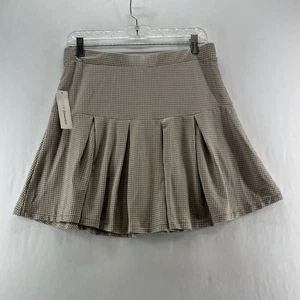 Urban Romantics Pleated Mini Skirt Womens L Stretchy Skater Gingham Brown White - Picture 1 of 8