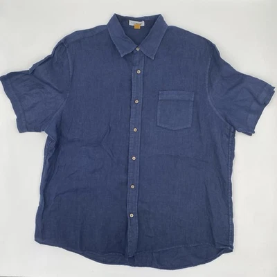Camisa Sastre Vintage Para Hombres 2XL Azul Marino Manga Corta Lino Abotonada Pure Tec Genial Foto 1 de 4