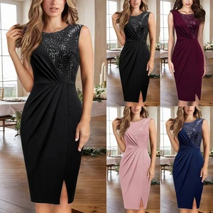 UK Womens Sequin Glitter Patchwork Midi Dress Ladies Slit Ball Gown Party Dress - Picture 1 of 22