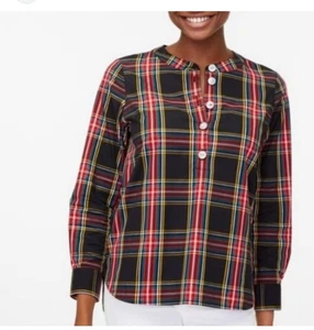 J Crew Factory Neu mit Etikett Tartan Baumwollpopeline Top mit Schmuckknöpfen XS Urlaub adrett - Bild 1 von 7