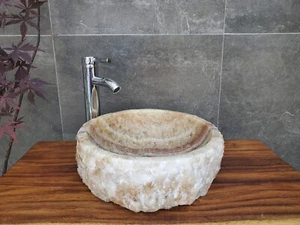 Lavabo da bagno in onice rotondo bianco e marrone marrone marrone, lavabo in pietra 15,5 pollici piccolo - Foto 1 di 10