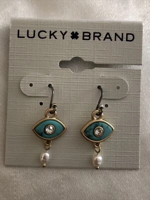 Lucky Brand Gold Tone & Turquoise Evil Eye Drop Earrings Faux Pearl Accent NIB - Image 1 of 4