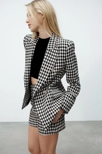 NWT ZARA DOUBLE BREASTED GOLD BUTTON HOUNDSTOOTH BLAZER BLOGGER FAVORITE SMALL - Picture 1 of 12