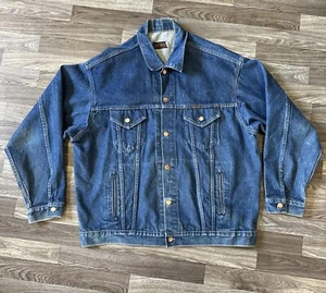 Vintage Long Haul Denim Trucker Jacket Mens XL Tall Button Front Heavy Blue - Picture 1 of 8
