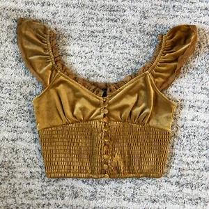 Forever 21 top donna velluto crop top manica con volant bottoni fumè davanti oro S - Foto 1 di 5