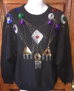 Vintage 1980's DISCO! Black Sequins BLING Sweater by Exclusive Imports L, UGLY! - Picture 1 of 4