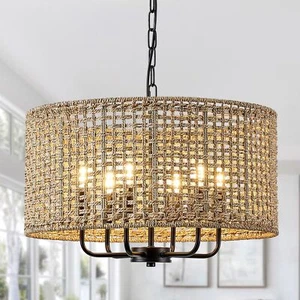 20" Rattan Hand-Woven Boho Wicker Chandelier - 6-Light Drum Farmhouse Oversiz... - Picture 1 of 7