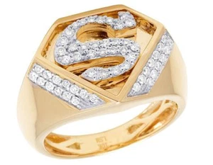 Mens 10K Yellow Gold Genuine Diamond Superman Logo Shield Pinky Ring 7/8 CT 16MM - Picture 1 of 5