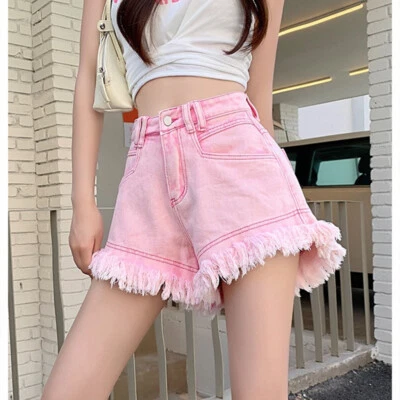 Women Denim Shorts Pants Jeans Tassel High Waist Ripped Fringe Fray Hem Pink - Image 1 of 4