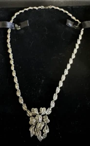 Vintage .925 Sterling Silver Marcasite Flower Pendant Choker 17" Necklace NF - Picture 1 of 9