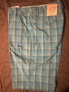 PUMA GOLF RICKIE FOWLER BLUE GREEN WHITE YELLOW PLAID SHORTS SIZE 30 MEN $70.00 - Picture 1 of 3