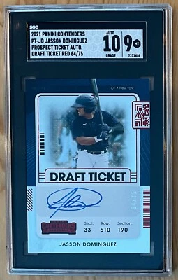 Jasson Dominguez 2021 Contenders Prospect Red Draft Ticket /75 SGC 9 MT Auto 10 - Image 1 of 3