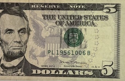 Birthday Note June 10 1956 Fancy Serial Number Five Dollar BillPL19561006B FW - Image 1 of 4