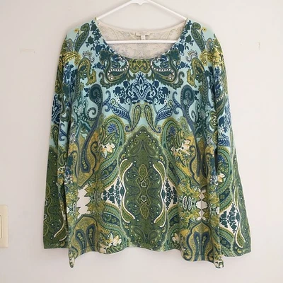 Talbots Sweater Womens 2X Green Blue Floral Paisley Knit Long Sleeve 100% Cotton - Image 1 of 4
