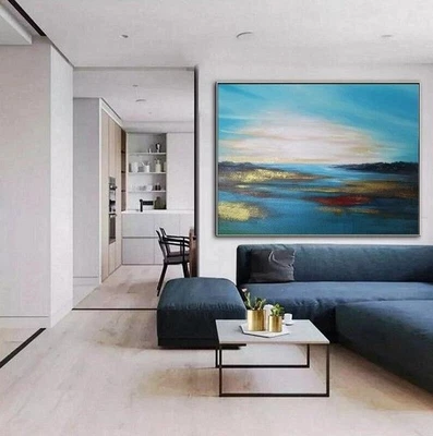 Hand Painted Blue Abstract Oil Painting Landscape Canvas Modernative As - image 1 of 4