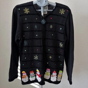 Vintage Quacker Factory Snowman Christmas Holiday Cardigan Sweater Size Medium - Picture 1 of 5