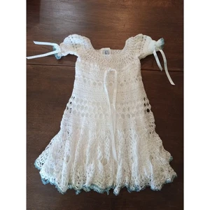 Vintage Handarbeit Häkelkleid weiß mit Futter & silbernen Perlendetail - Bild 1 von 11