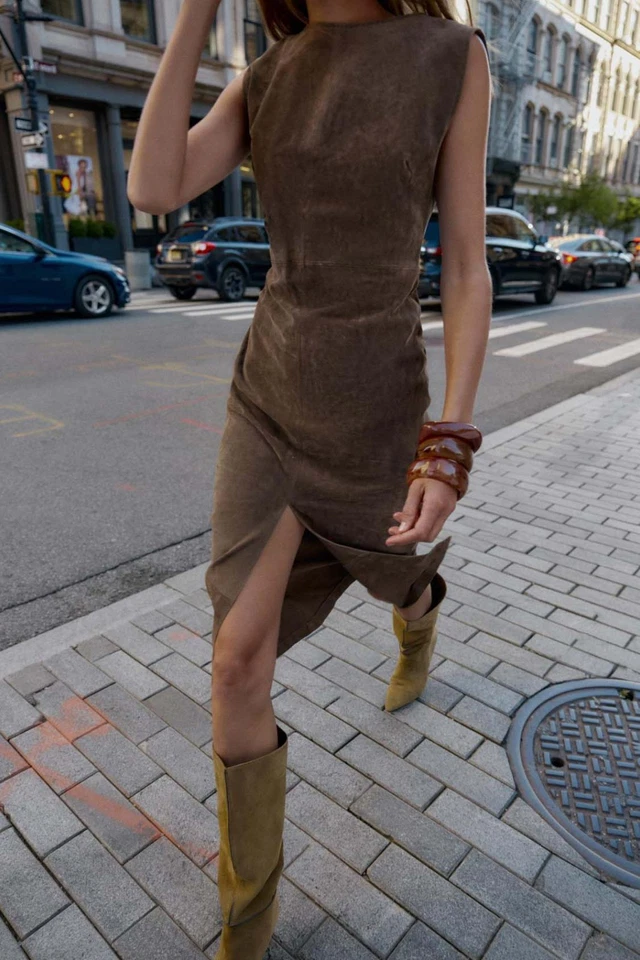 ZARA NEW WOMAN 100% LEATHER MIDI DRESS SLIT KHAKI XS-XL 8073/221/505 - Image 1 of 1