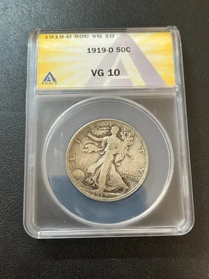 1919 D WALKING LIBERTY HALF DOLLAR ANACS VG-10 - BETTER DATE - CERTIFIED - 50C - Image 1 of 2