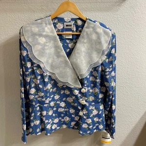 Vintage 80er/90er Leslie Fay Top Bluse blau weiß Blumen breiter Kragen Damen 14 - Bild 1 von 6