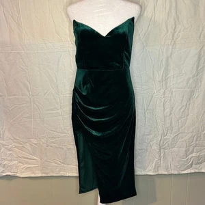 Fashion Nova Velvet Midi Dress Strapless Slit Bodycon Hunter Green Womens L NWT - Picture 1 of 10