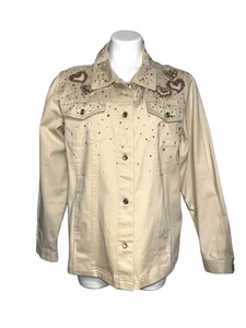 Womens Quacker Factory L Large Beige Denim Jean jacket Gold & pearl beading EUC - Picture 1 of 6