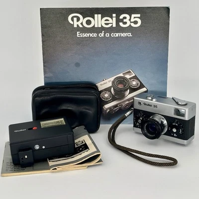 Rollei 35 /35mm Film Camera Silver 40mm f/3.5 Singapore W/128BC Flash &Paperwork - Image 1 of 4