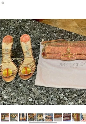 Jimmy Choo Orange And Gold Becca Ankle Strap Sandals With Mini Handbag - Image 1 of 4