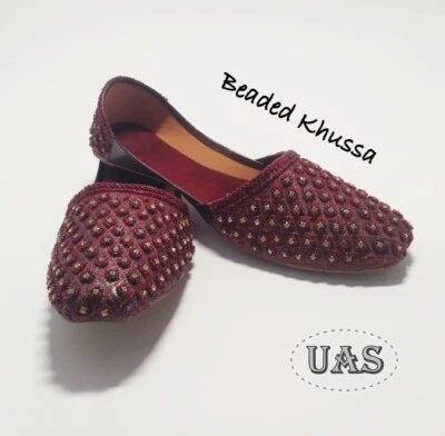 US 7-11 BEADED MAROON LEATHER MEN SHOES HANDMADE KHUSSA - Image 1 of 4