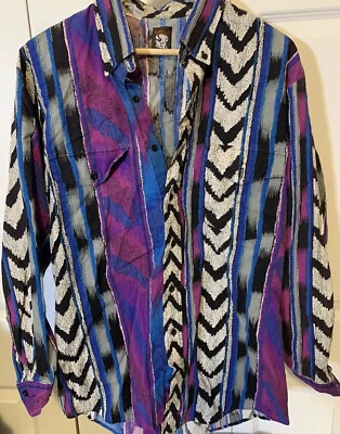 Vintage Karman Mens Sz L Western Wear Button Shirt Geometric Blue Purple Black - Image 1 of 4