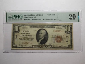 $10 1929 Alexandria Virginia VA National Currency Bank Note Bill #1716 VF20 PMG - Picture 1 of 5