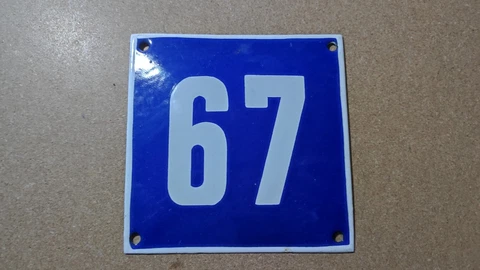 Vintage Enamel Sign Number 67 Blue House Door Street Plate Metal Porcelain Tin Cover